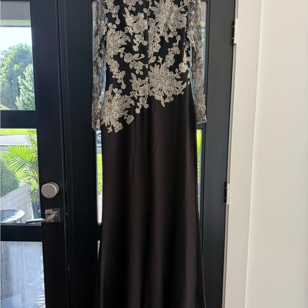 Tadashi Shoji Black Gown with Silver Floral Lace